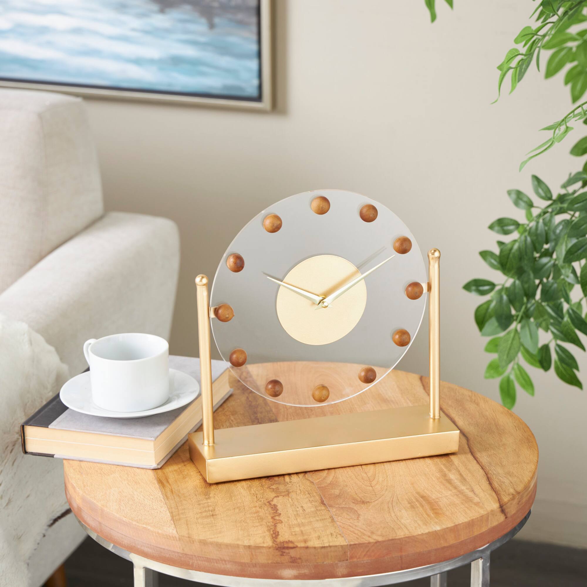 11.5" Gold Metal & Acrylic Face Decorative Clock with Wood Ball Accents